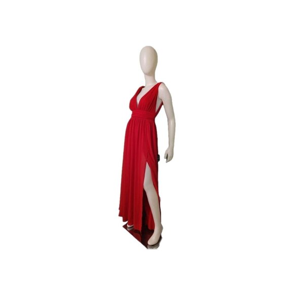 LULUS Womens M Red Plunge V-neck Maci Dress Gown High Slit Formal Wedding Prom - Picture 1 of 8